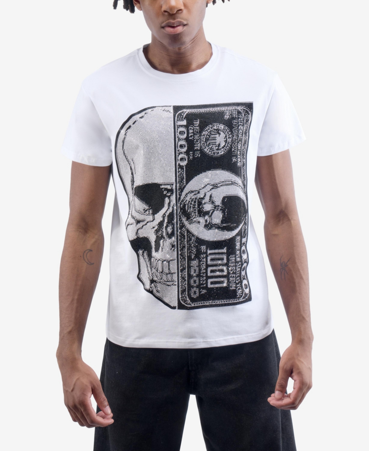 Men's Skull And Money Rhinestone Crew T-Shirt - White