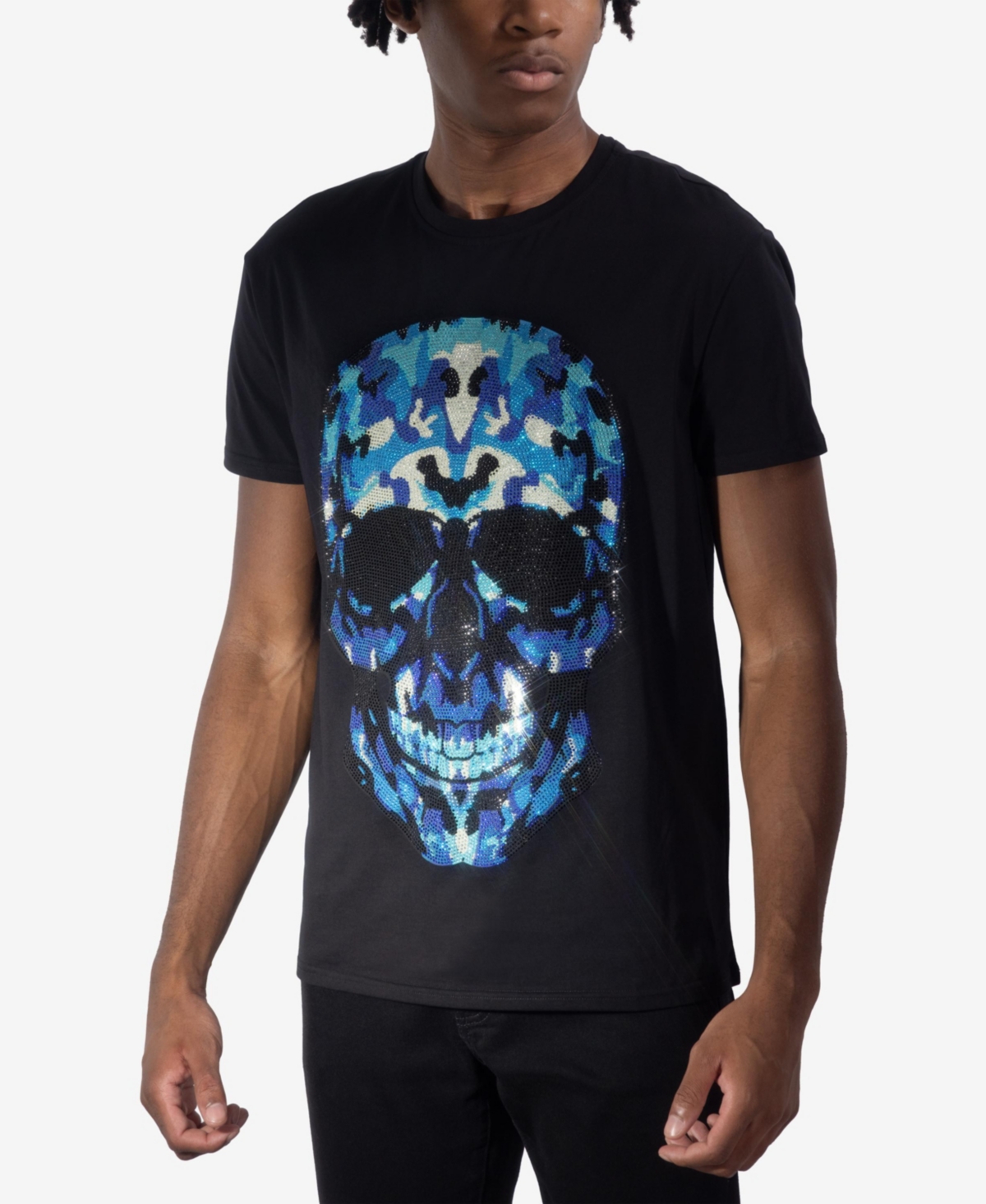Men's Blue Skull Rhinestone Crew T-Shirt - Black
