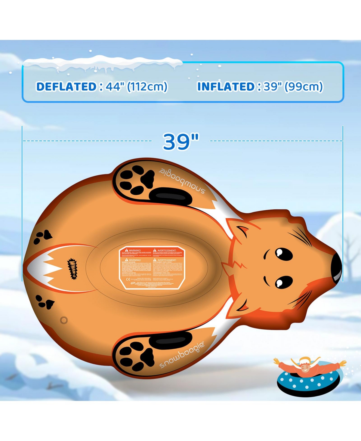 Winter Single Rider Snow Tube, 44" Inflatable Animal Sled, Outdoor Toys with Two Handle