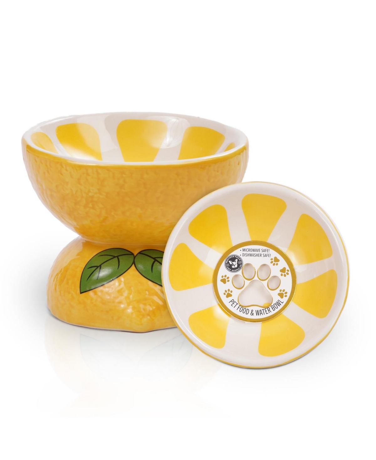 P.t. Supply Co. Lemon Shaped Stoneware Elevated Pet Bowl, Raised Ceramic Food & Water Dish for Dogs and Cats - Yellow