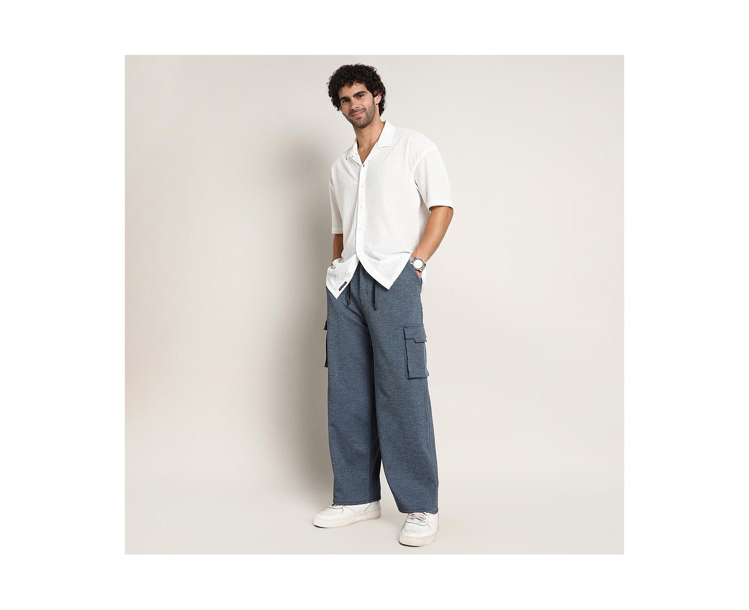 Men's Prussian Blue Heathered-Relaxed Cargo Trousers