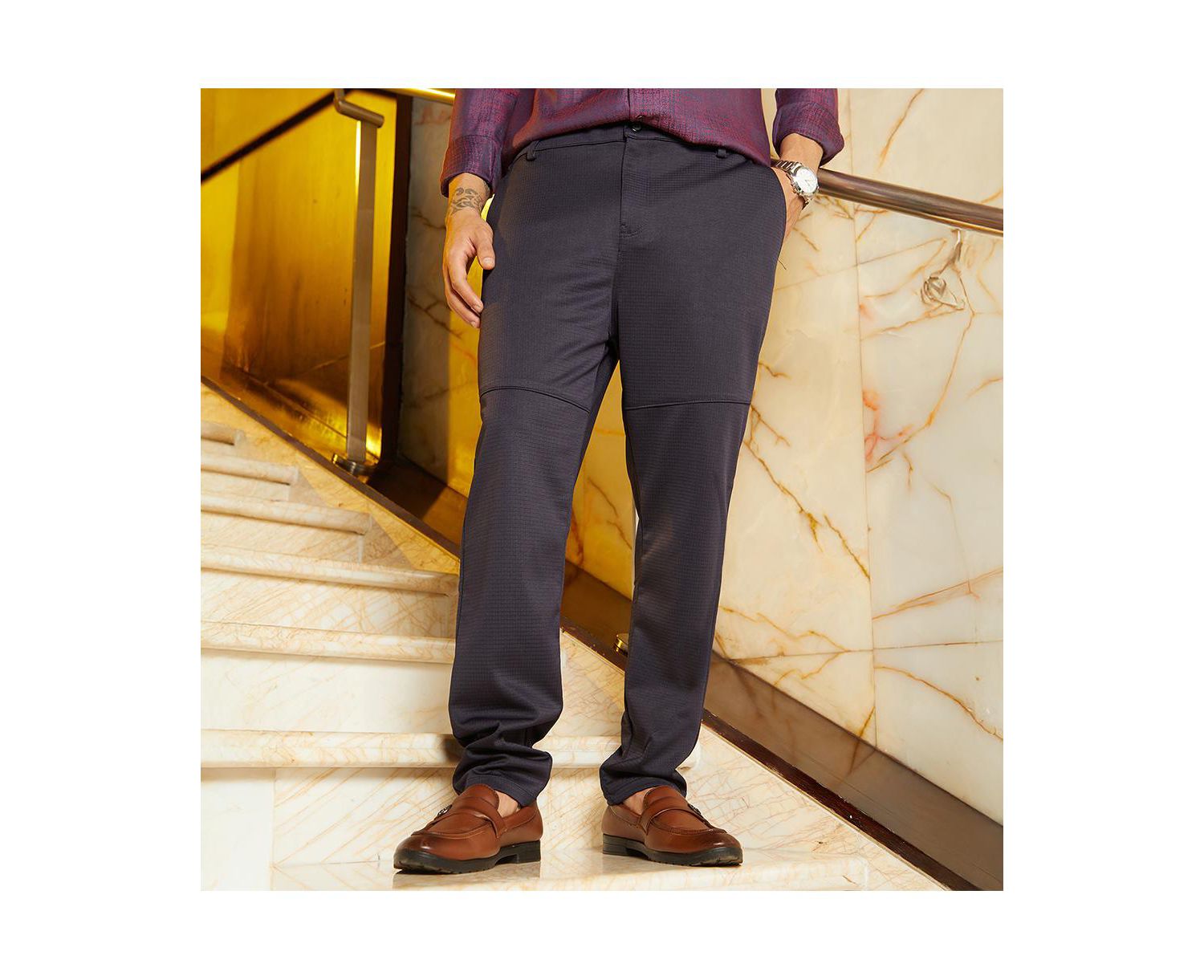 Men's Midnight Black Panel-Waffle Chino Trousers