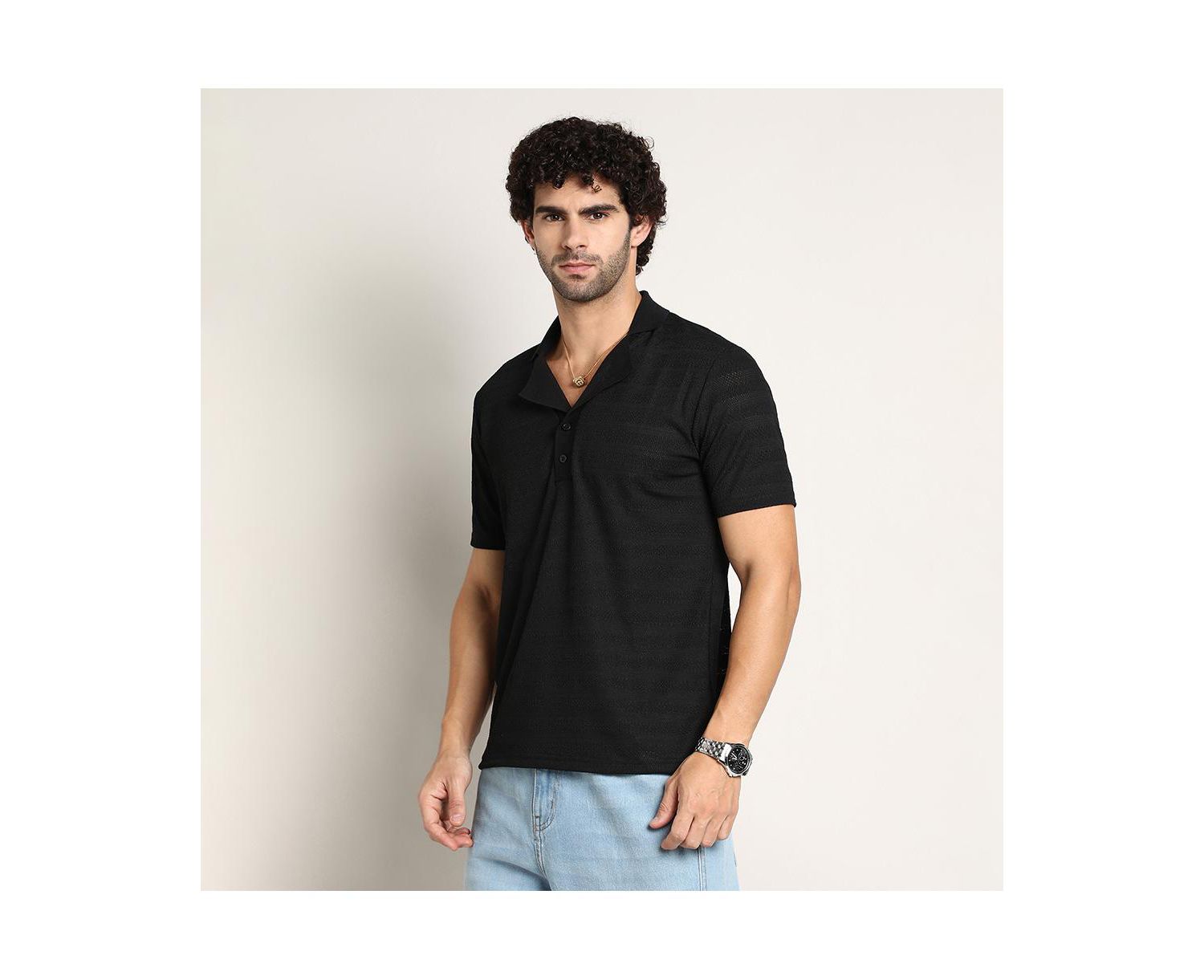 Men's Onyx Black Panel-Tactile Cuban Polo T-Shirt