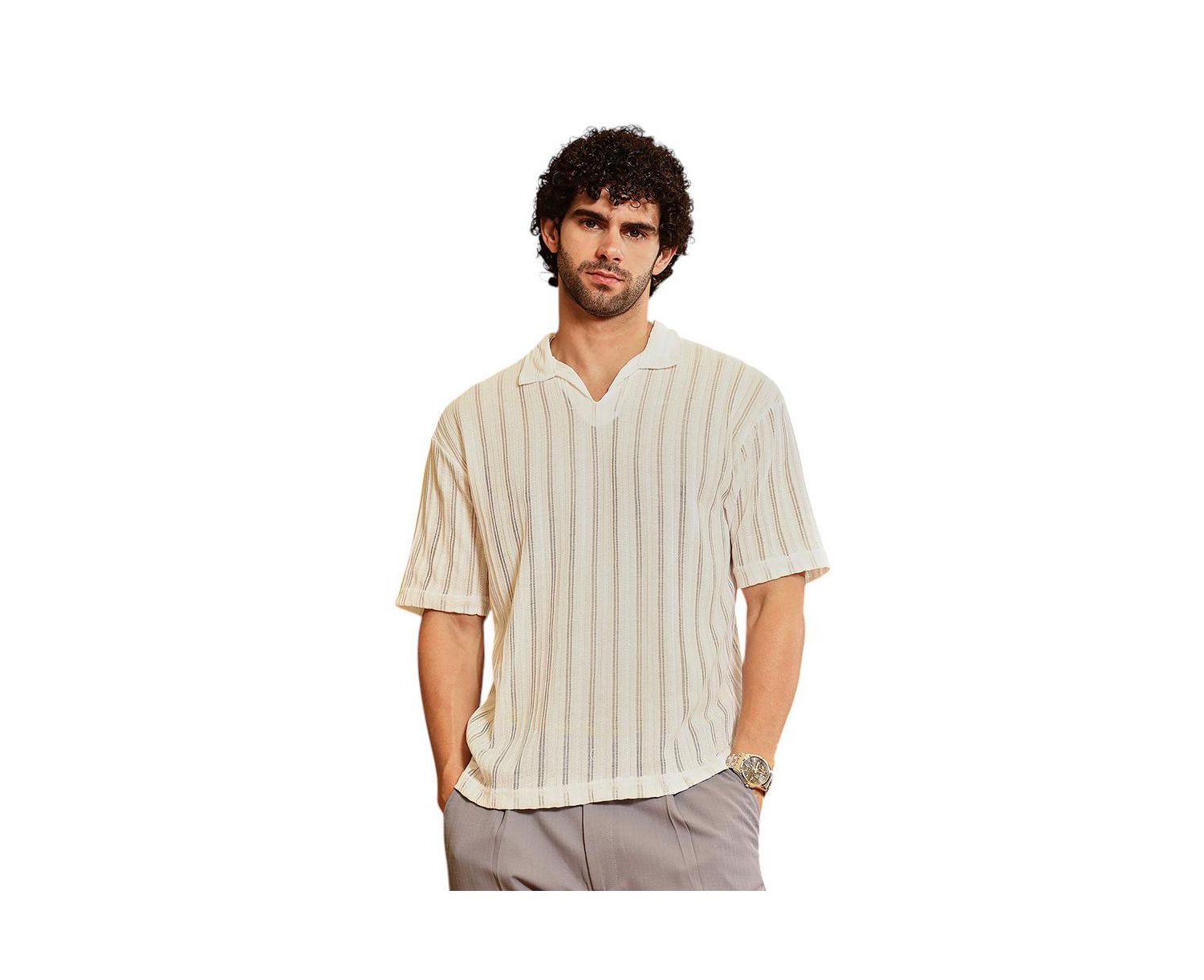 Men's Off-White Duo-Striped Relaxed Polo T-Shirt