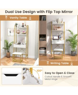 2Pc Powder-Coated Metal Frame Ladder Vanity Desk Set with Flip Top Mirror and Cushioned Stool