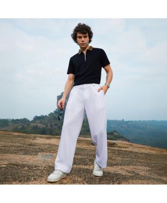 Men's Cream White Straight-Fit Ribbed Trousers