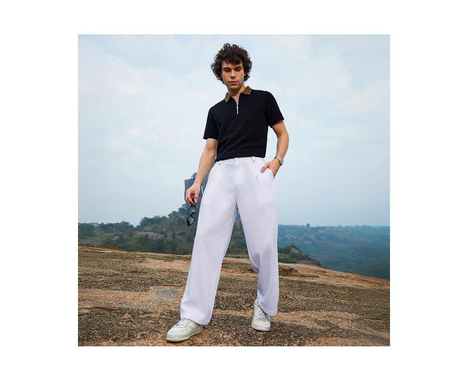 Men's Cream White Straight-Fit Ribbed Trousers