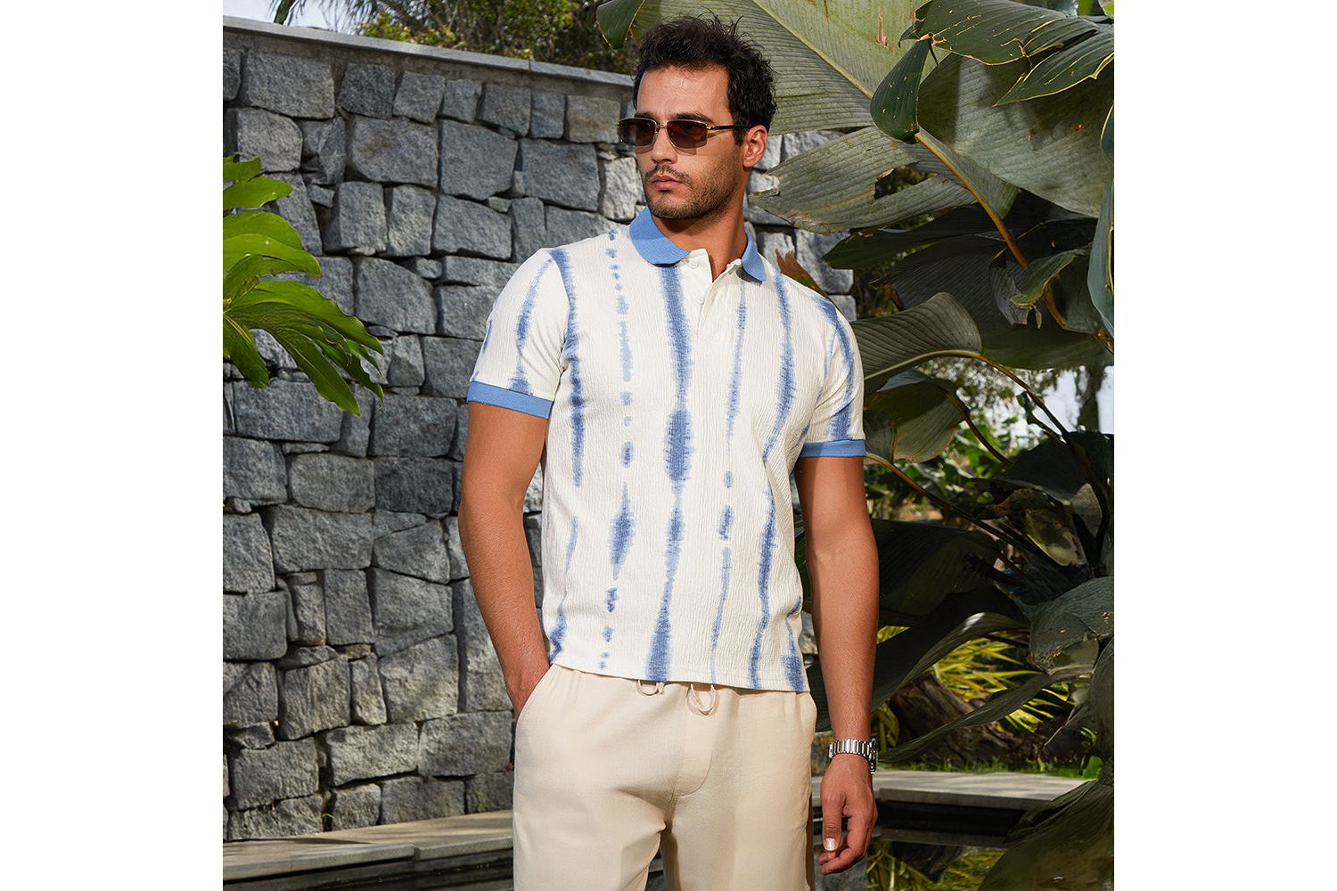 Men's Powder Blue and Daisy White Tie-Dye Tactile Polo T-Shirt