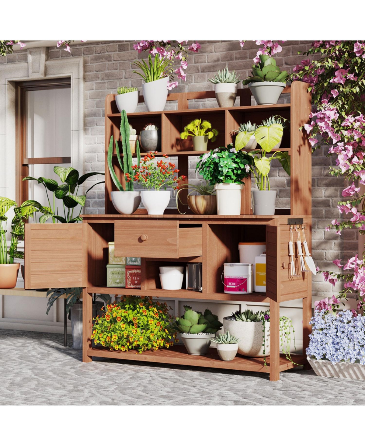 Fir Wood Potting Bench with Hutch & Shelves - Brown