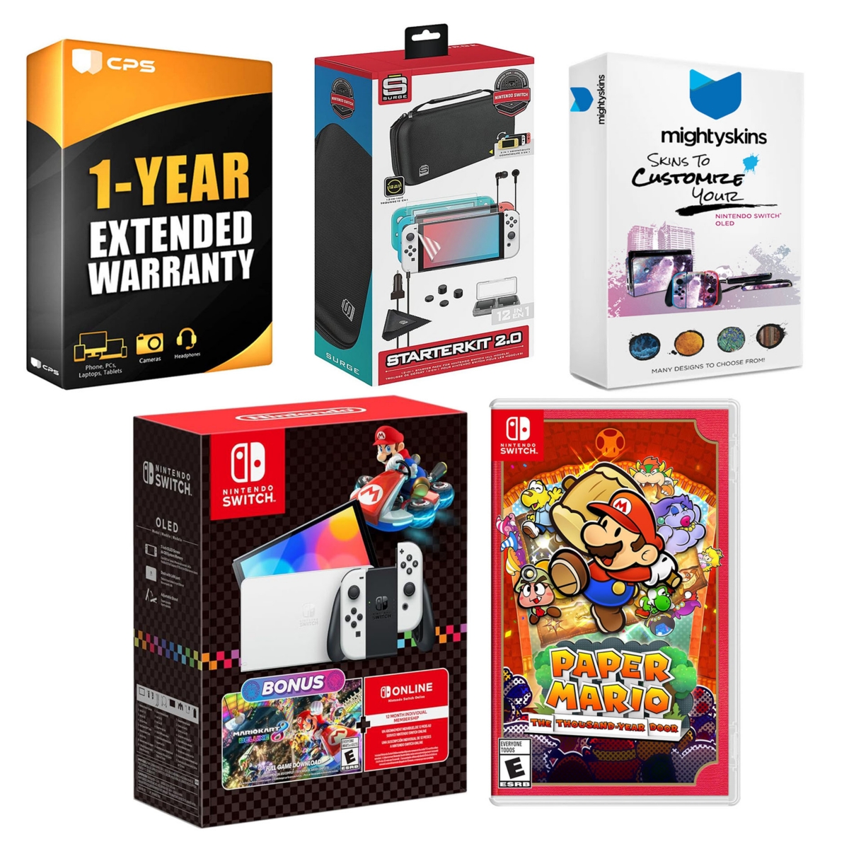Nintendo Switch White Oled Console with Pikmin 4, Surge Accessory Gaming Kit, MightySkins Console and Controller Skin Voucher and 1 Year Cps Extended
