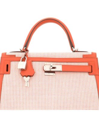 Pre-Owned Hermes Kelly 28 Handbag Quadrille Canvas and Orange Swift with Palladium Hardware