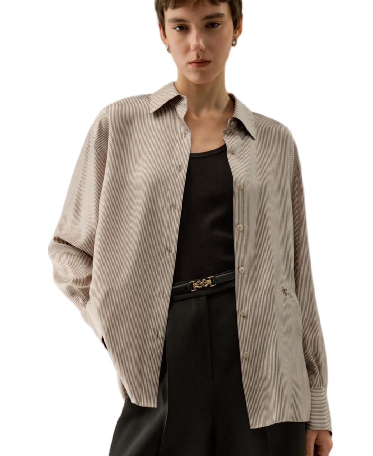 Women's Pinstriped Oversized Silk Shirt - Marron stripe
