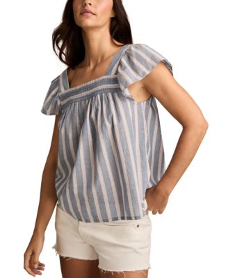 Women's Striped Cotton Square-Neck Peasant Top