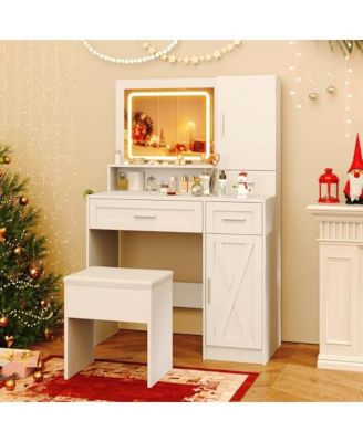 Makeup Vanity Desk with Mirror and Lights Dressing Table and Stool Set