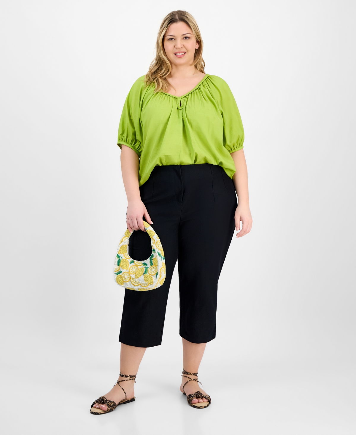 Trendy Plus Size Solid Stretch Straight-Leg Capris Pants, Exclusively at Macy's - Deep Black
