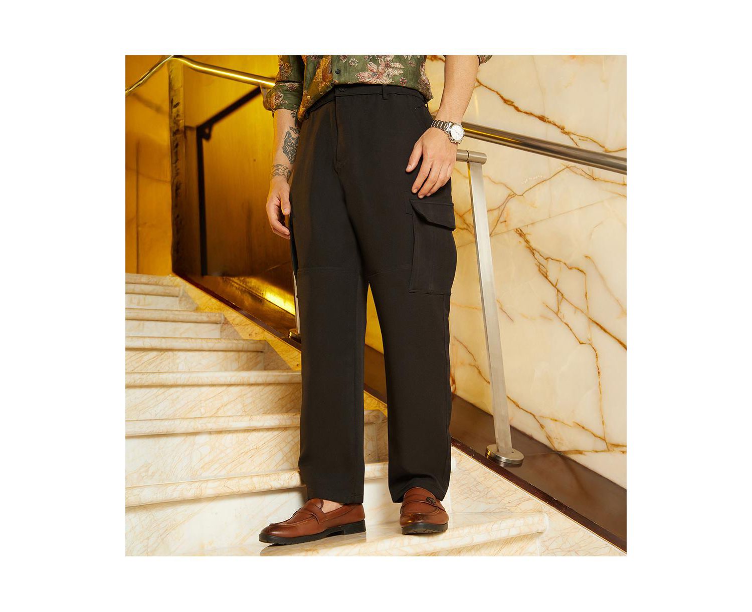 Men's Midnight Black Straight-Fit Cargo Trousers