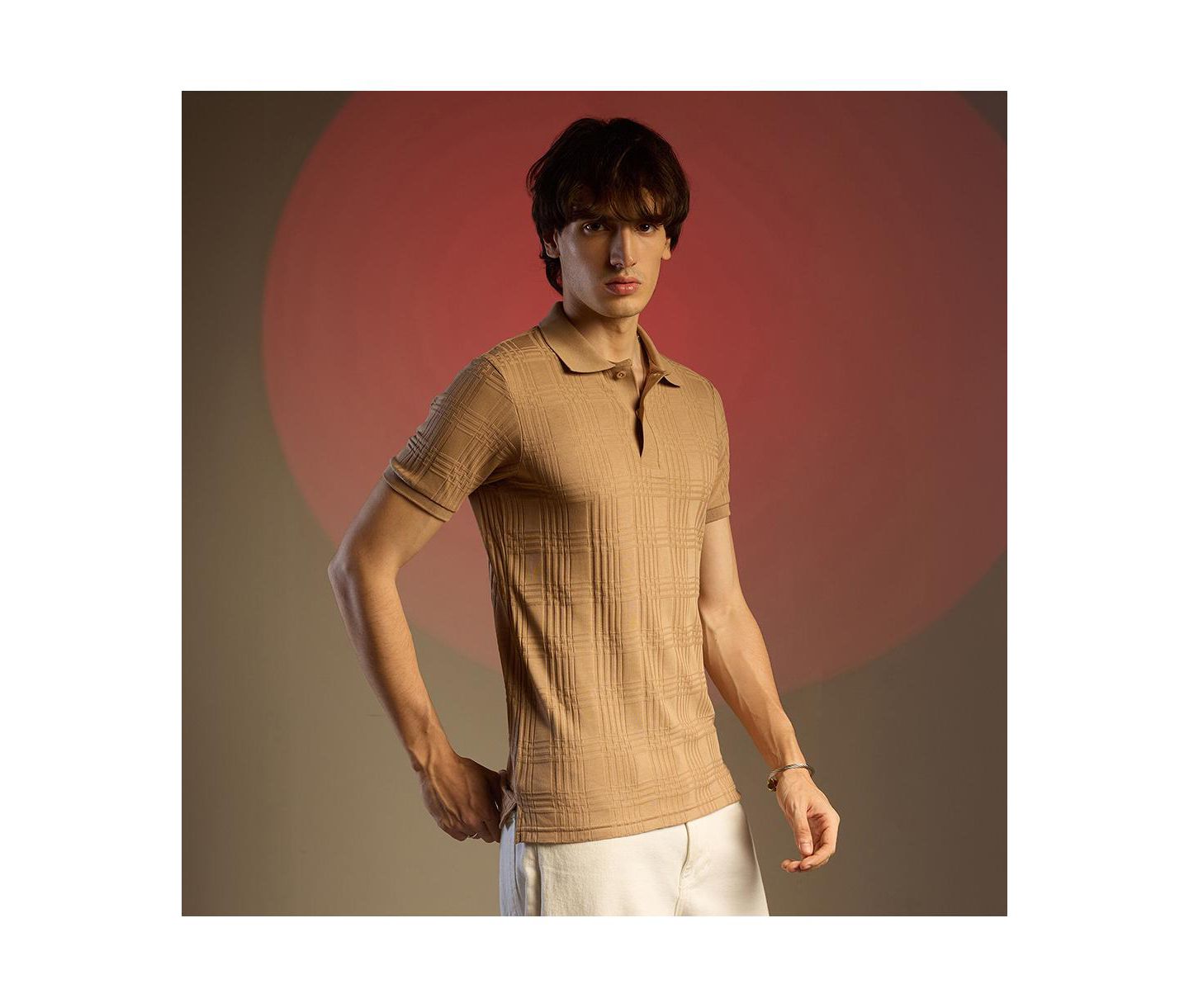 Мужская футболка Cahoot Buff Beige Intertwine-Textured Polo, цвет: Бежевый / Хаки — фото 4
