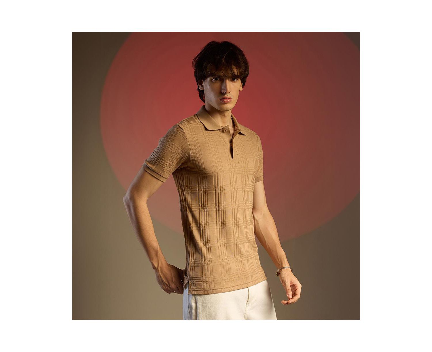 Men's Buff Beige Intertwine-Textured Polo T-Shirt