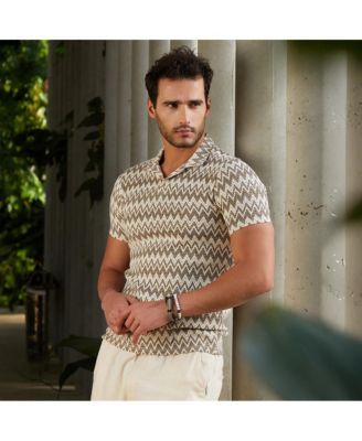 Men's French Beige & Off White Zig-Zag Knit Polo T-Shirt
