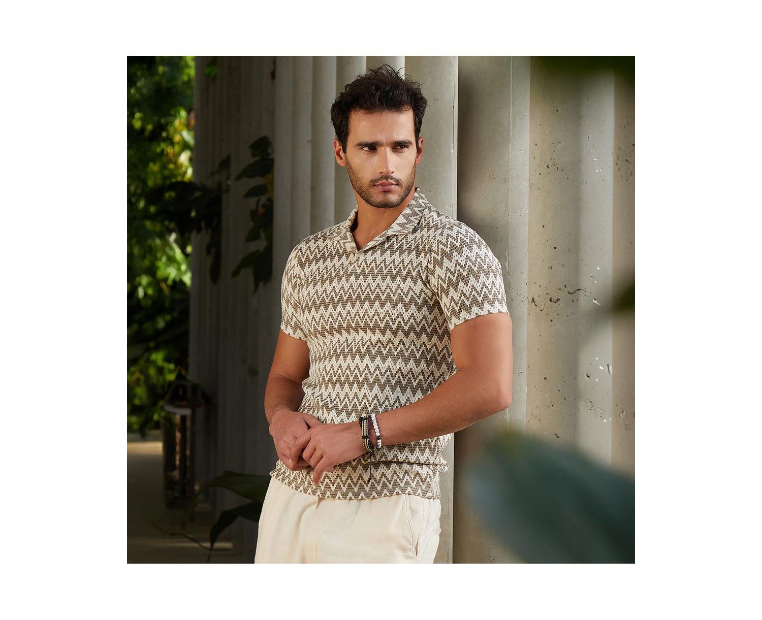 Men's French Beige and Off White Zig-Zag Knit Polo T-Shirt