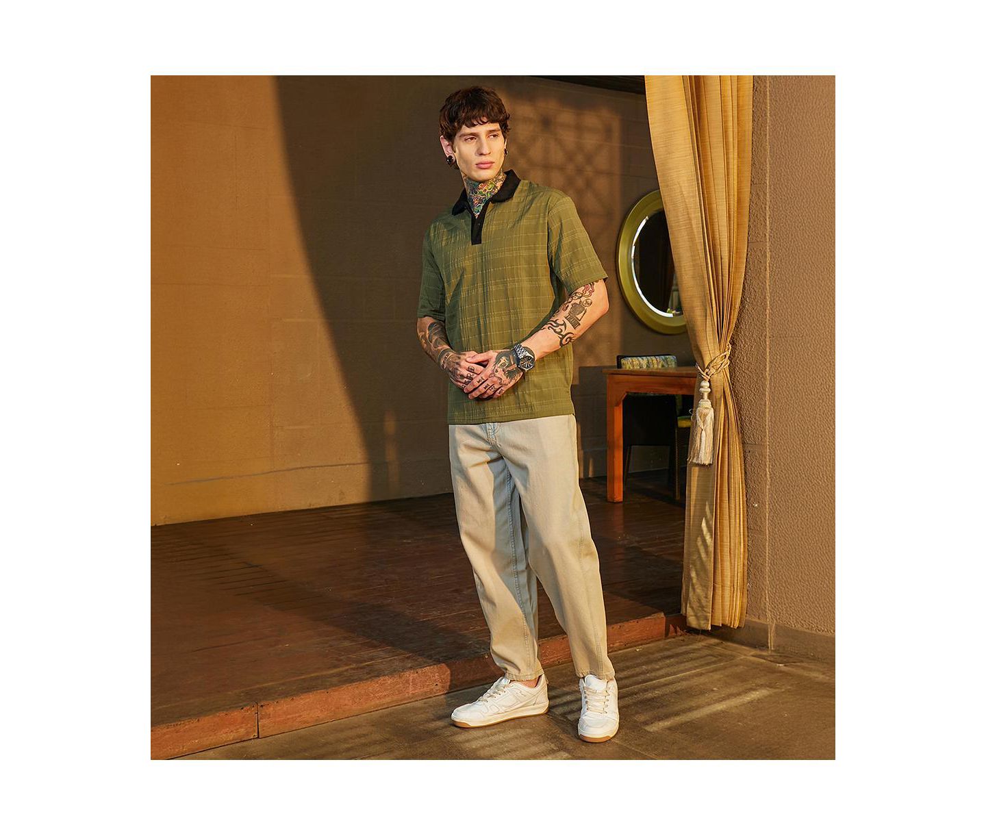 Мужская футболка Cahoot Campus Sutra Olive Green and Onyx Black Contrast Grid Polo, цвет: Зелёный — фото 6