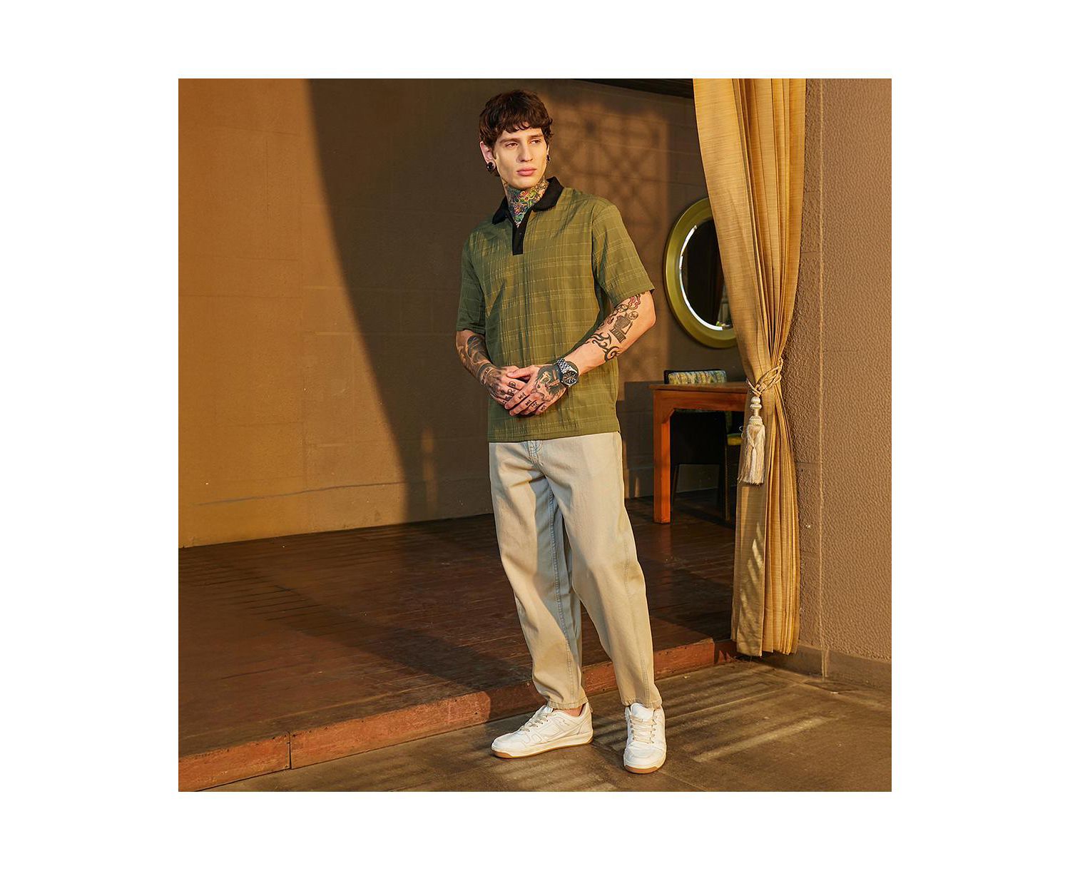 Men's Olive Green and Onyx Black Contrast Grid Polo T-Shirt