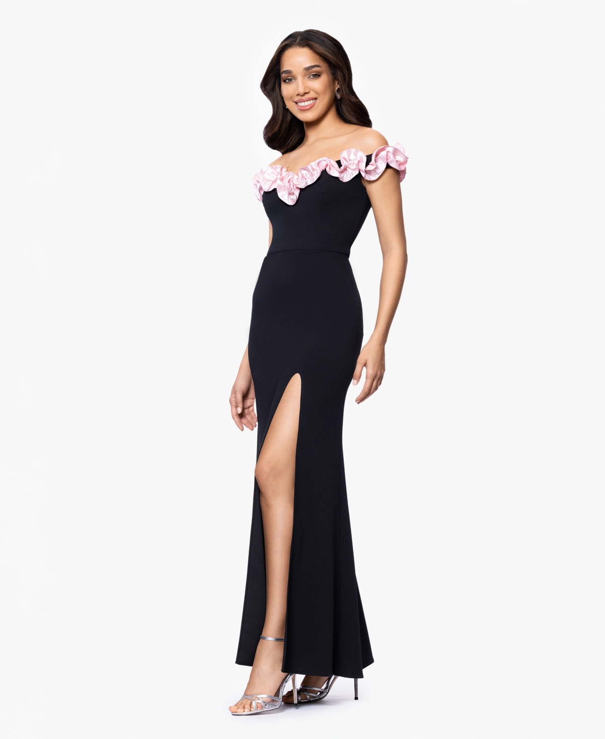 Juniors' Off-The-Shoulder Ruffled Evening Gown - Black, Pink