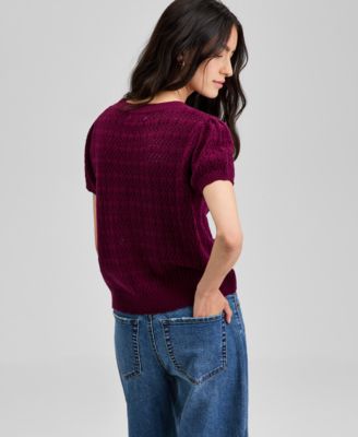 Women's Crewneck Pointelle Short-Sleeve Sweater, P/XXS-XXL, Exclusively at Macy's