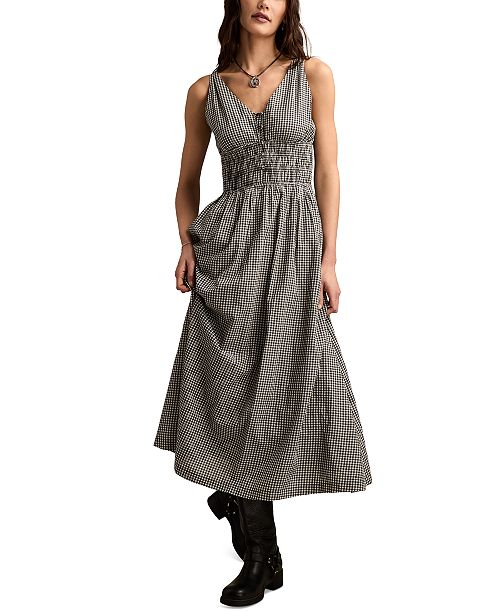 alfani Lucky Brand Women's Printed V-Neck Smocked-Waist Maxi Dress Women's Fashion Shoes & Accessories