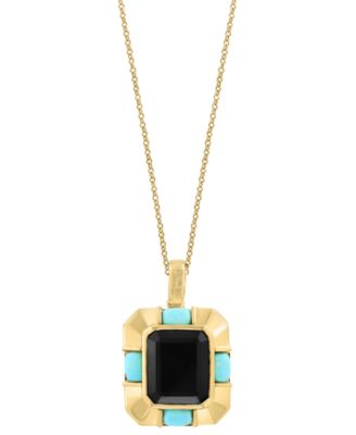 EFFY&reg; Onyx (12x10mm) & Turquoise (3x5mm) Pendant Necklace in 14k Gold-Plated Silver, 17" + 1" extender