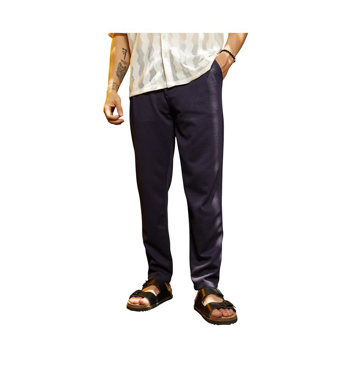 Men's Navy Blue Micro-Waffle Chino Trousers - Blue