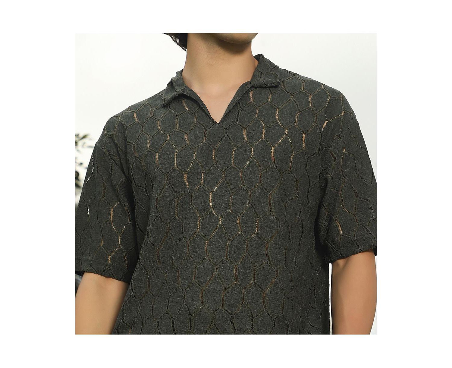 Men's Juniper Green Honeycomb-Knit Polo T-Shirt