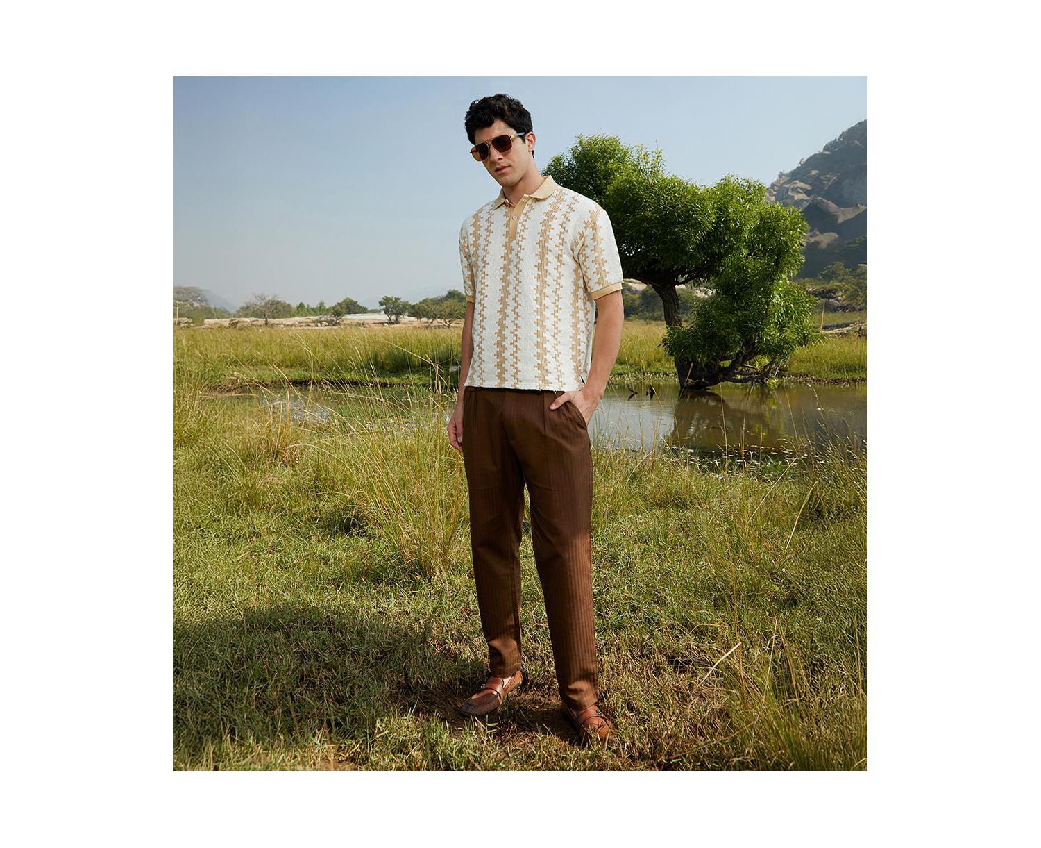 Men's Buff Beige & Cream White Indie-Block Polo T-Shirt