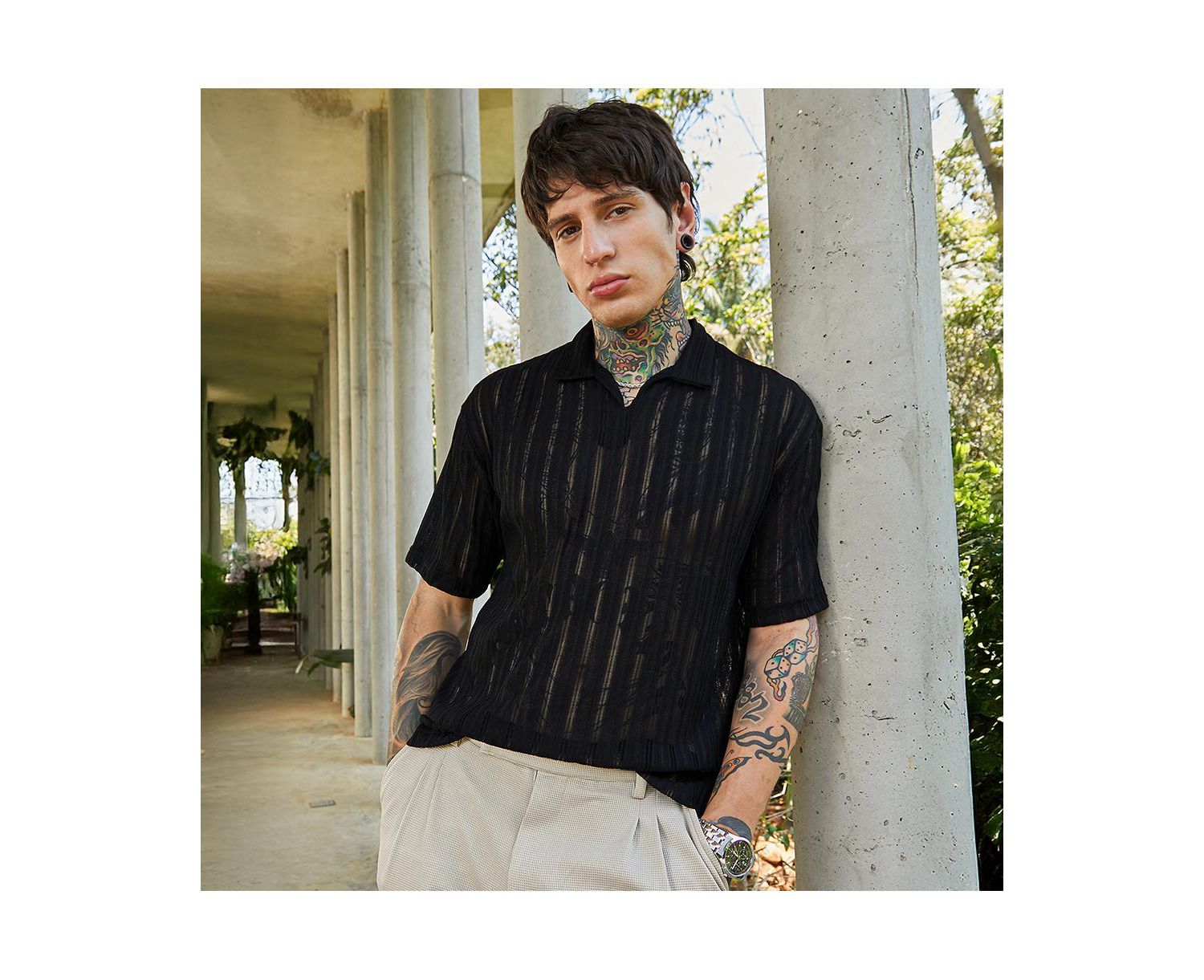 Men's Onyx Black Duo-Striped Relaxed Polo T-Shirt