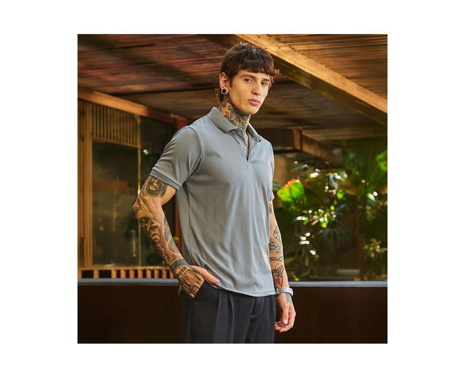 Men's Coin Grey Ribbed -Tactile Polo T-Shirt