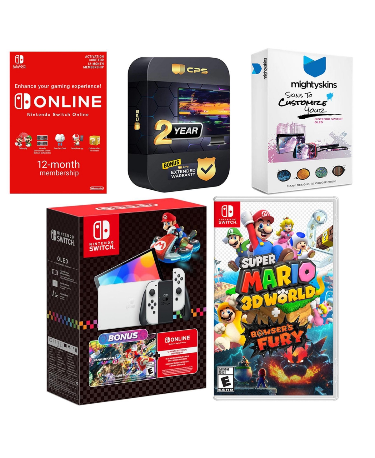 Nintendo Switch Oled Console Mario Kart 8 Bundle with Super Mario 3D World + Bowser s Fury , Nso 12 Month Family Membership, MightySkins Console and C