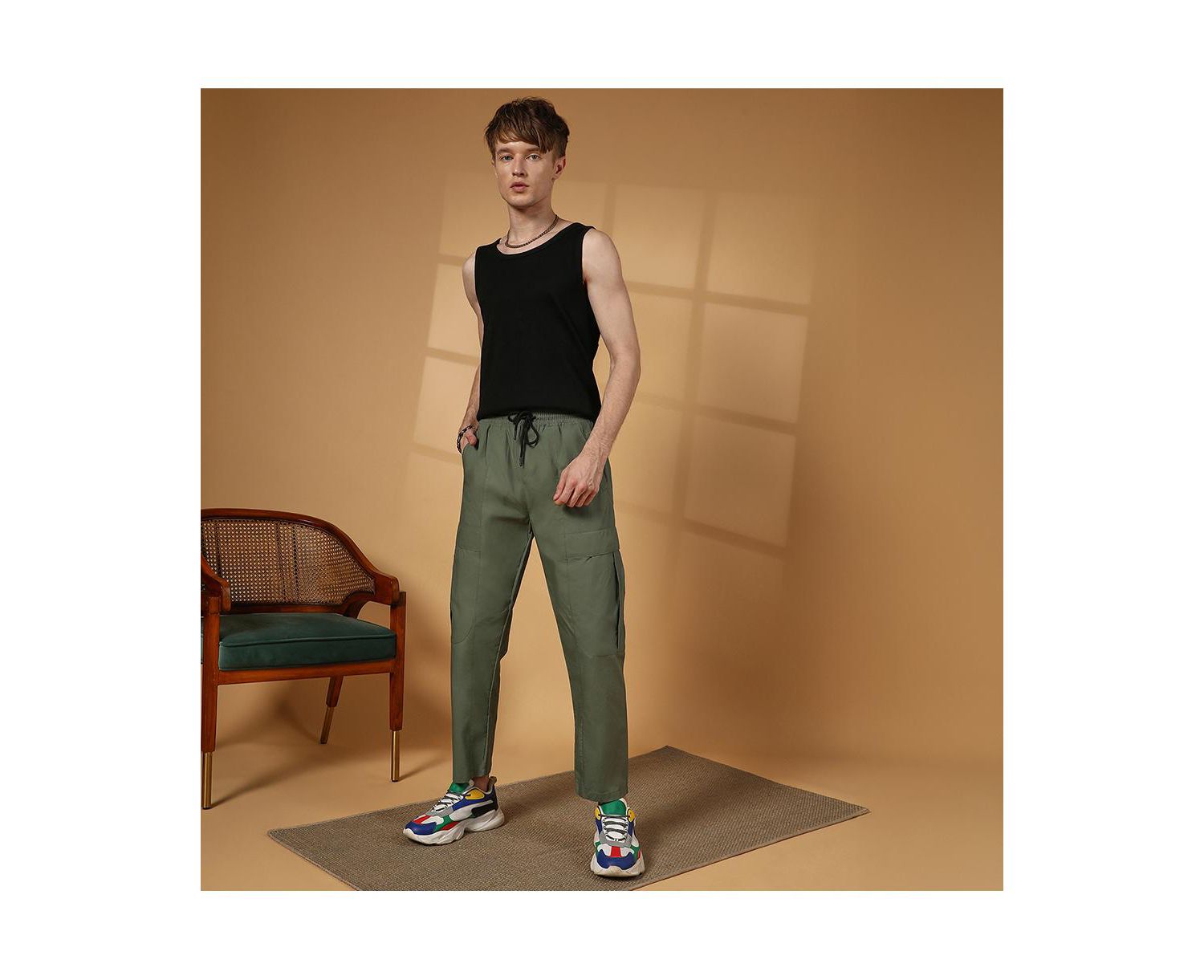 Men's Olive Green Solid Utility Trousers