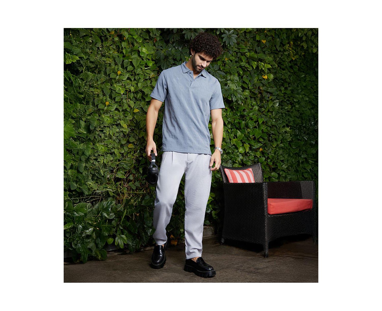 Men's Powder Blue Veined-Tactile Polo T-Shirt