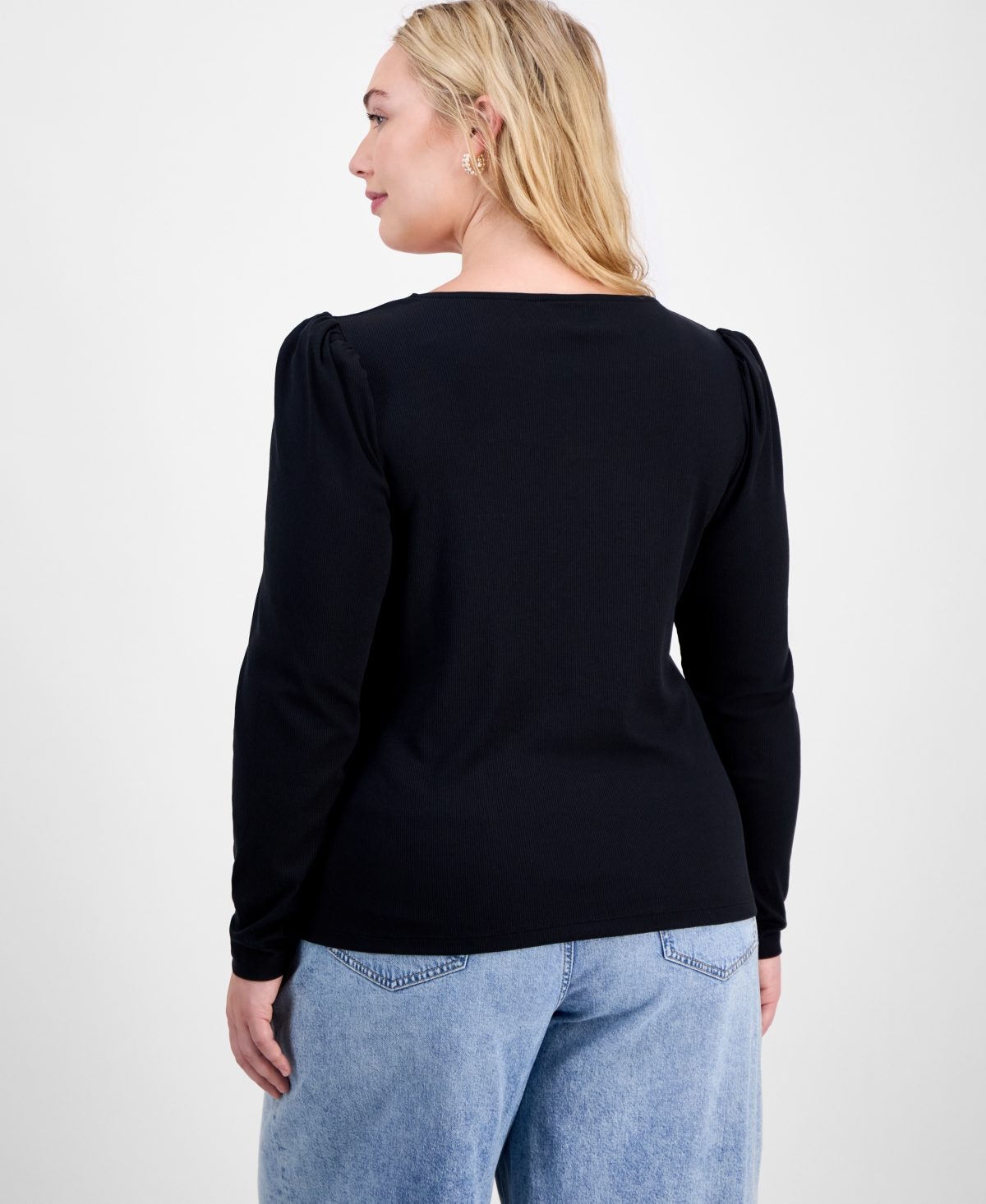 On 34th Trendy Plus Long-sleeve Square-neck Top, Exclusively At Macy's In Black