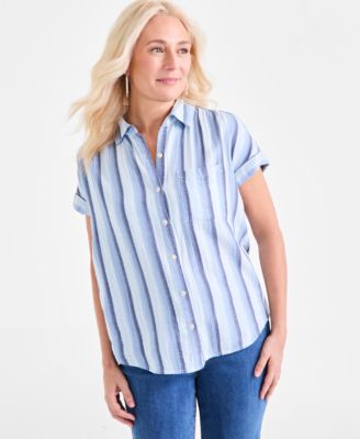 Style & Co - Women's Cotton Striped Crinkle-Texture Camp Shirt