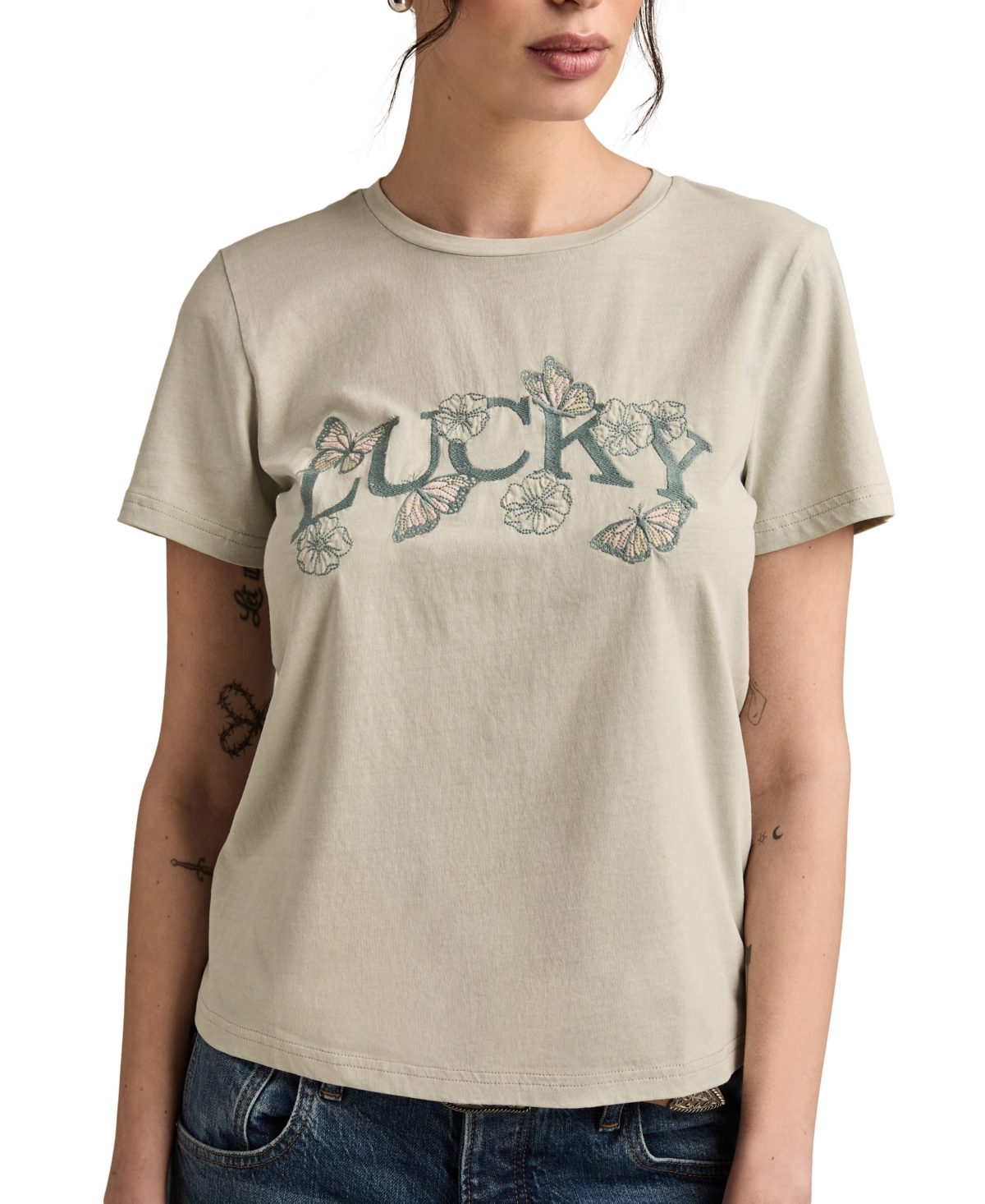 Women's Lucky Butterfly Cotton Classic Crewneck T-Shirt - Blue Flower