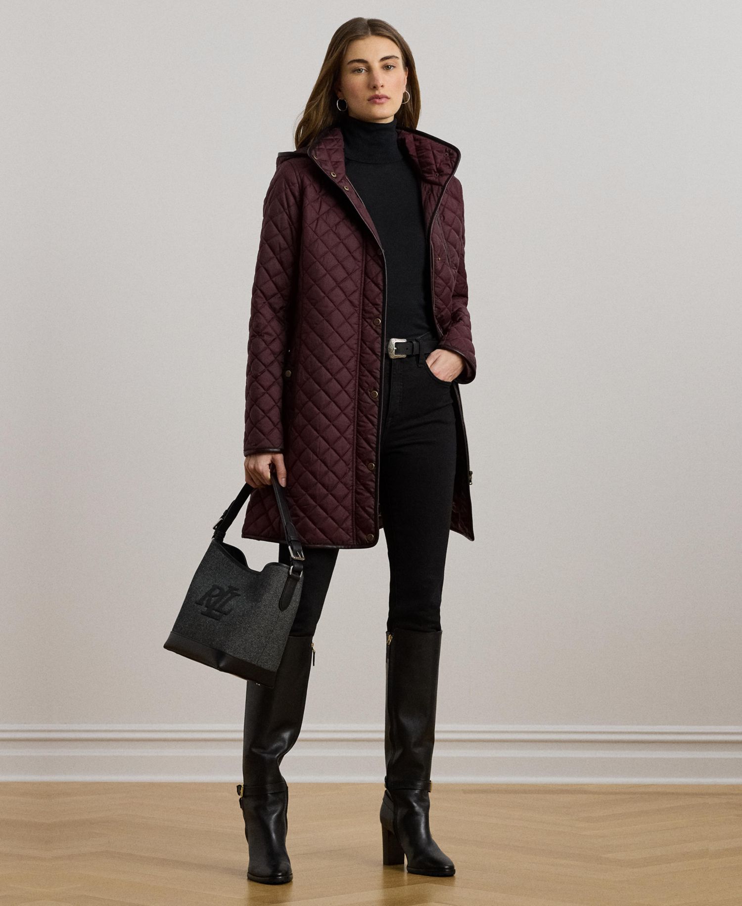 Petite Hooded Quilted Faux-Suede-Trim Coat