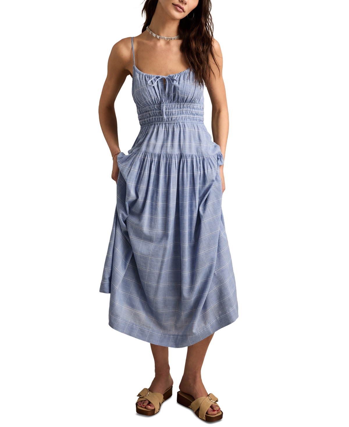 Women's Printed Smocked-Waist Sleeveless Midi Dress - Blue Plaid