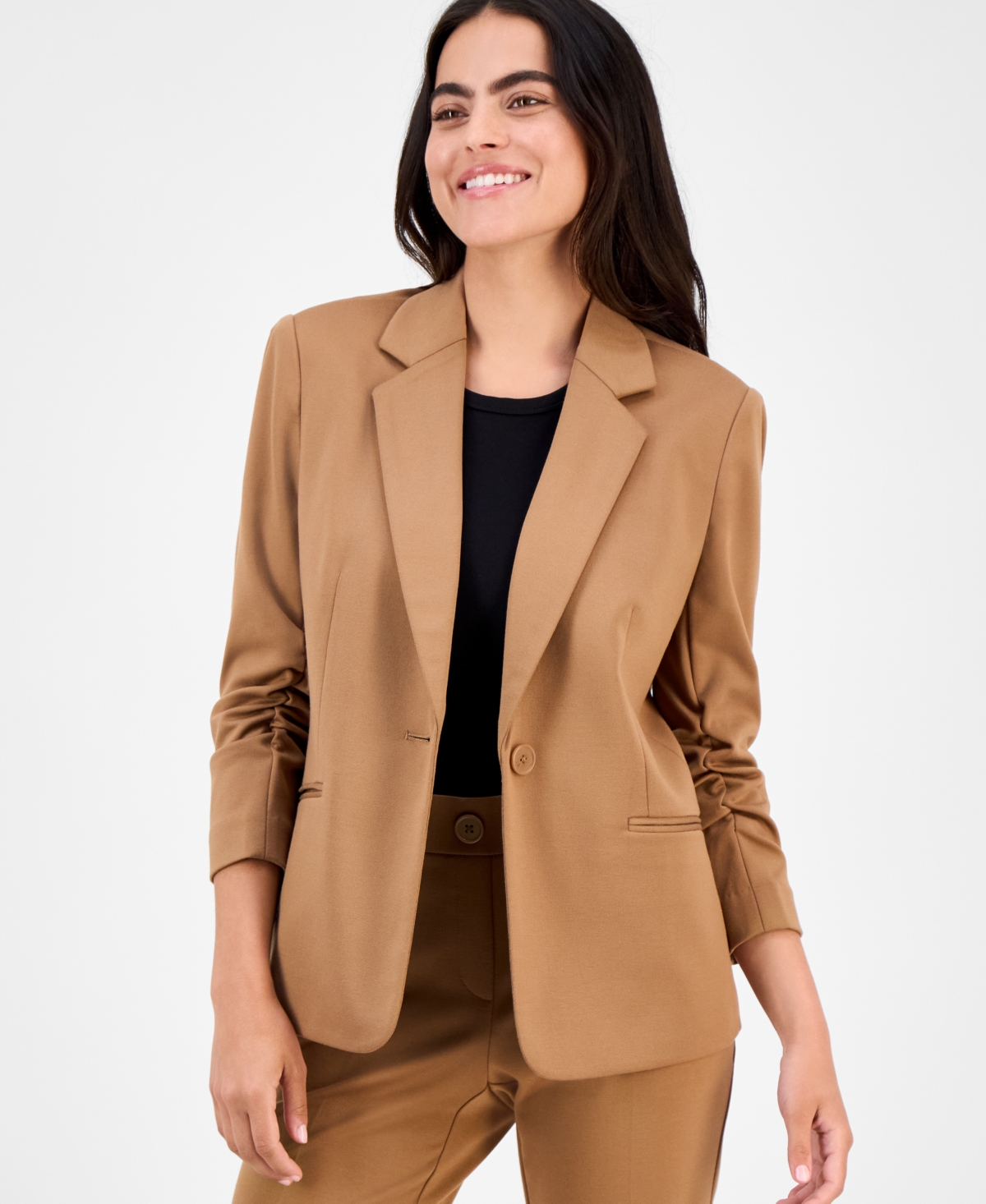 Petite Notch-Collar Ruched-Sleeve Blazer - Anne Black