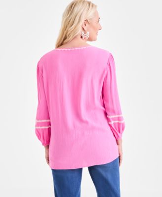 Women's V-Neck Contrast-Trim 3/4-Sleeve Blouse, Exclusively at Macy's 