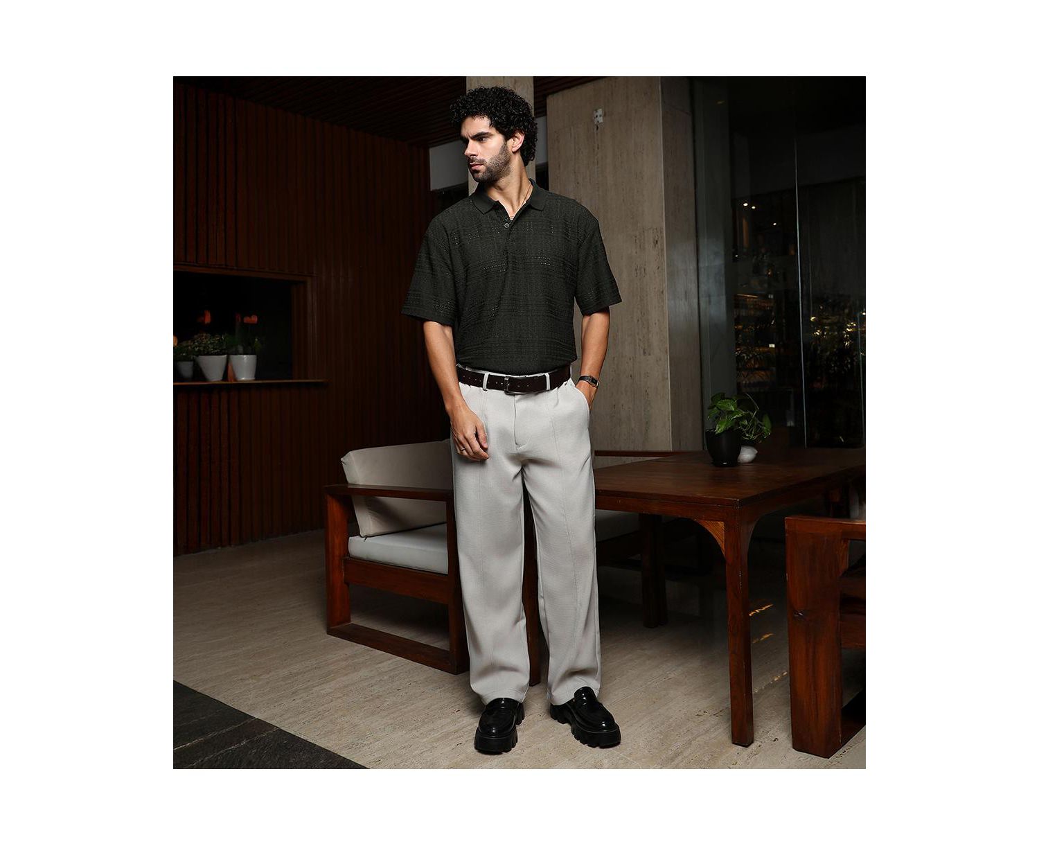 Men's Midnight Black Bohomian Oversized Polo T-Shirt