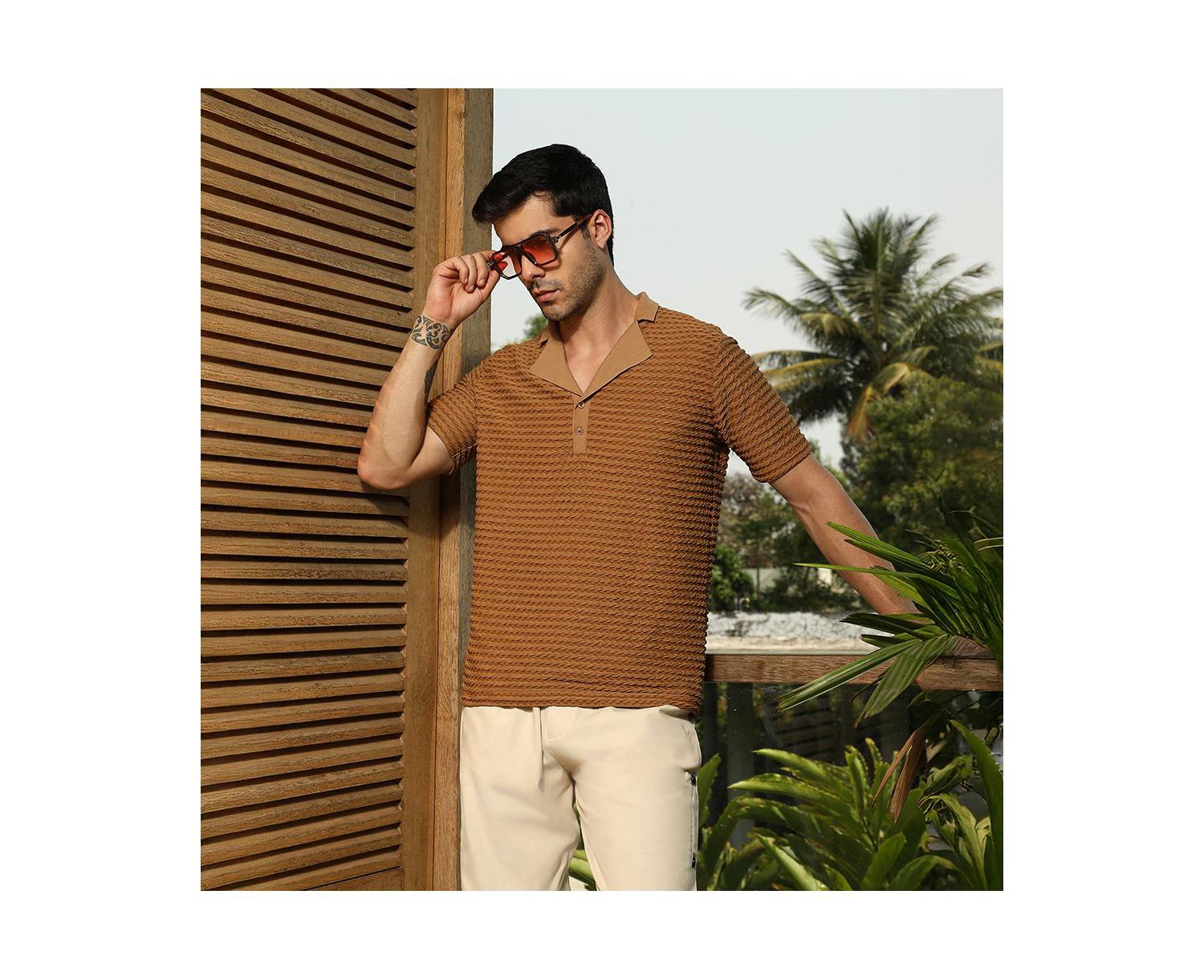 Men's Coffee Brown Crease-Tactile Cuban Polo T-Shirt
