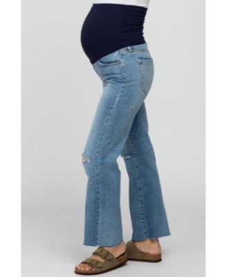 Maternity Blue Straight Leg Frayed Hem Jeans