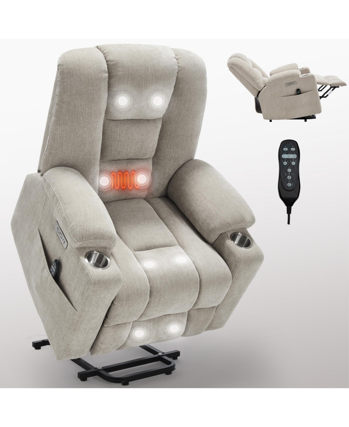 Streamdale Furniture Power Lift Recliner w/ Massage & Heat, Usb, Cup Holders - Beige