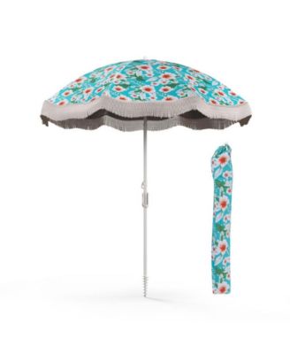 6.5 feet Beach Umbrella with Fringe Outdoor Tassel Umbrella with Push Button Tilt